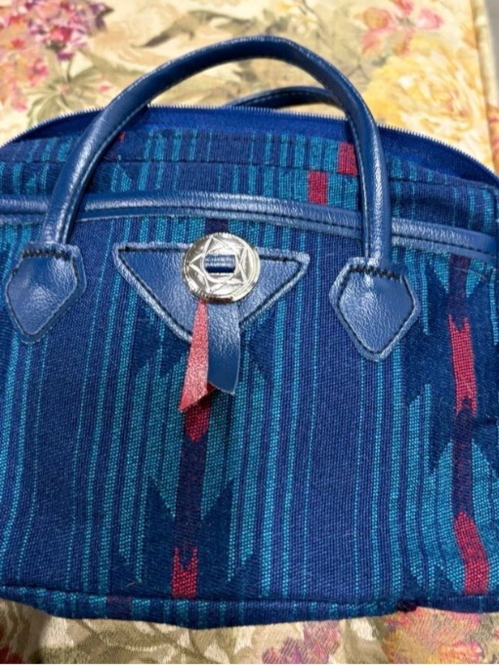 Blue Patterned Men's Toiletry Bag with Leather Trim